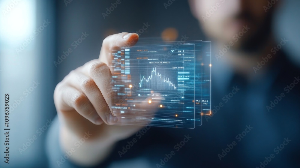 Poster modern businessman analyzing data with touchscreen interface