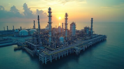 Obraz premium Offshore Refinery at Sunset: An Aerial View of Industrial Power
