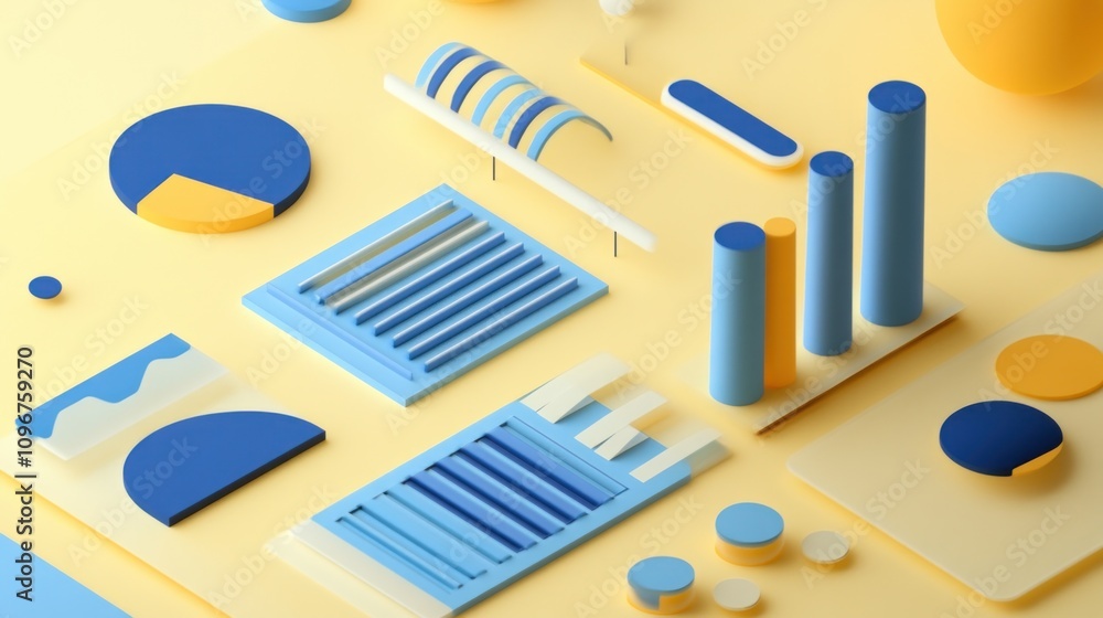 Poster Abstract 3D shapes and graphs in blue and yellow, illustrating data visualization concepts.