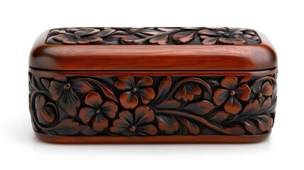 Beautifully carved wooden box with floral patterns, perfect for storage or decoration.