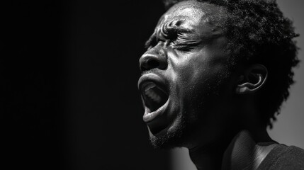 person passionately expressing emotion through powerful vocal performance, captured in dramatic black and white lighting. intensity of moment is palpable, highlighting depth of feeling