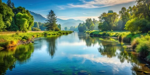 Fototapeta premium A winding river flows through a lush green valley, reflecting the blue sky and puffy clouds, creating a tranquil and serene landscape.