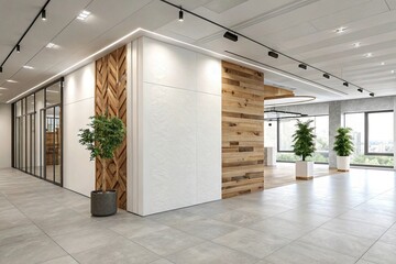 Modern white office interior featuring a mock-up wall with a natural wood accent and earthy tones, organic feel, white walls, rustic decor, mock-up wall, industrial-chic elements