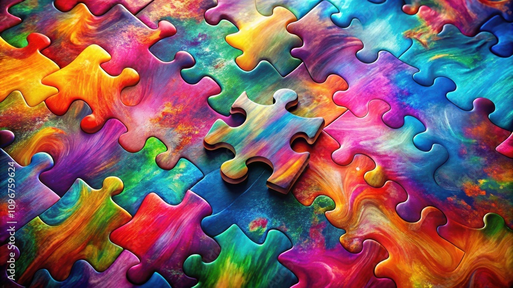 Poster a single puzzle piece stands out from the colorful background, ready to be placed in its rightful po
