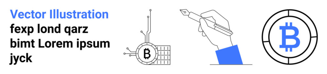 Hand drawing with blue sleeve, Bitcoin symbol inside a digital network, circuit, text Lorem ipsum. Ideal for fintech websites, cryptocurrency blogs, Blockchain presentations, tech startups, financial