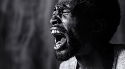 man passionately expressing intense emotion through dramatic scream, captured in black and white, highlighting raw power of human expression