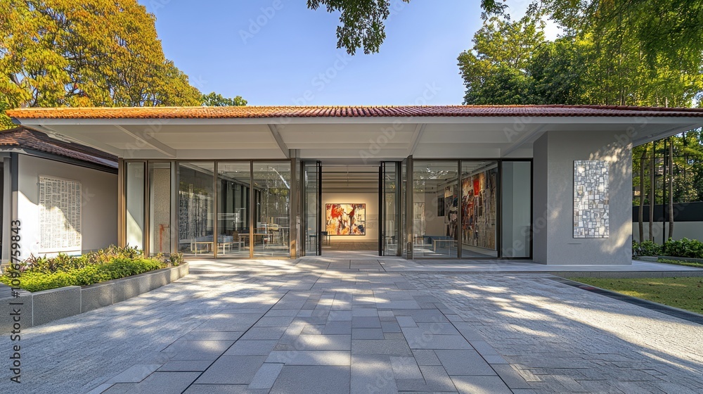 Poster modern architectural structure with large glass windows and artistic displays.