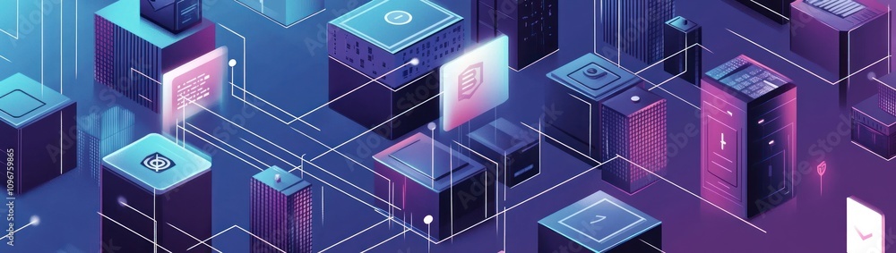 Poster Abstract digital landscape with interconnected nodes and vibrant colors representing technology.
