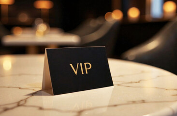 A black card with gold lettering indicates a reserved VIP area on a marble table in a sophisticated venue