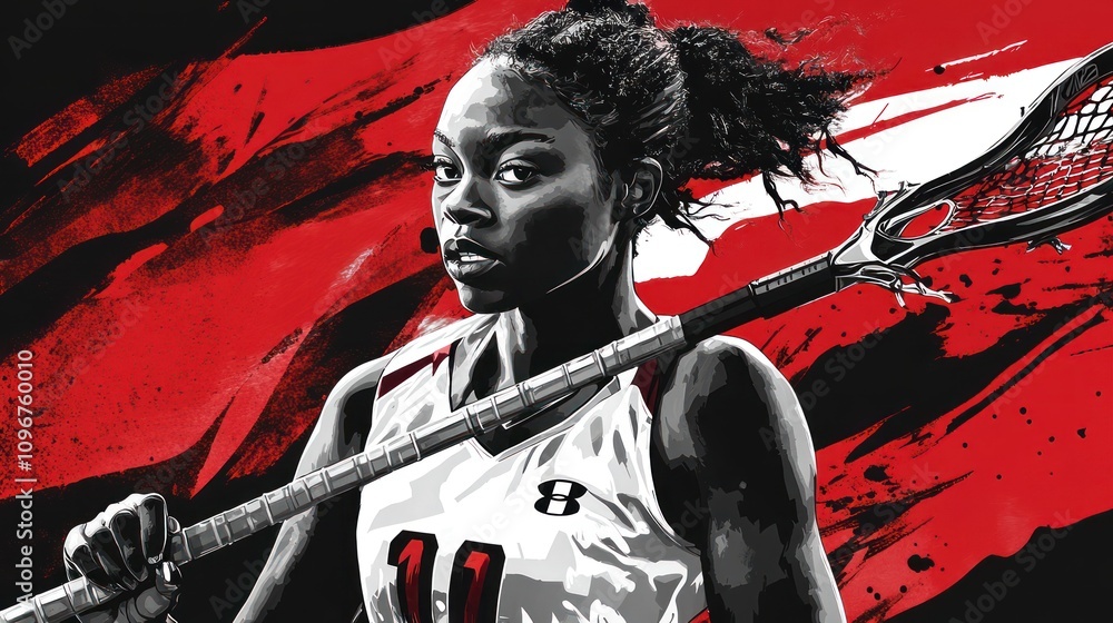 Poster a dynamic lacrosse player poses with determination against a bold, abstract background.