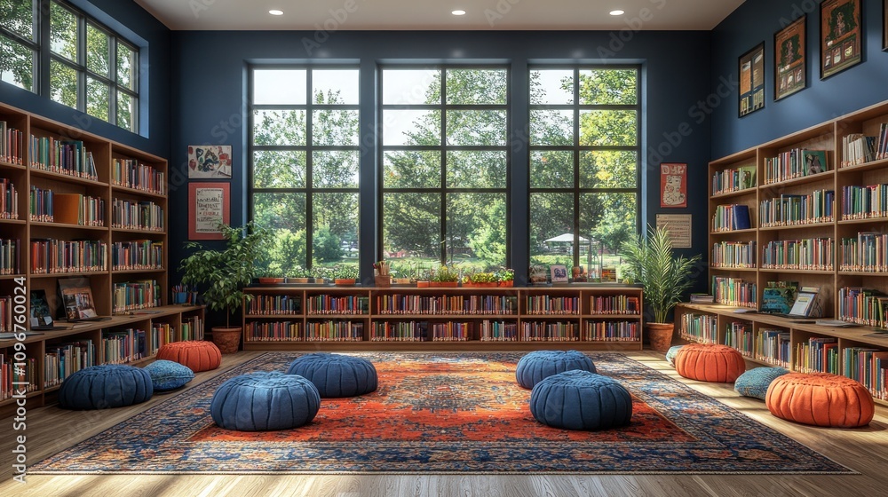 Poster serene library reading room with large windows and comfortable seating