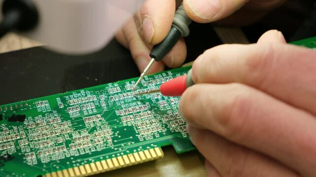 The Engineer Technician is checking the printed circuit board of an electronic device with a tester under a microscope. Electronic equipment repair shop.