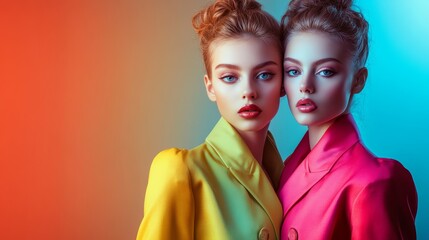 Fototapeta premium Dynamic Fashion Twins: Radiant Elegance in Modern Attire with Intense Stares and Vivid Lighting