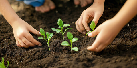 Children’s hands plant small seedlings in dark, fertile soil, signifying growth and nurturing, highlighting themes of care, environment, and education.