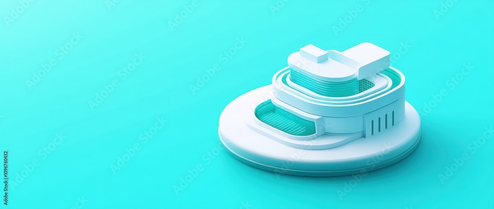 Poster a minimalistic 3d model of a futuristic building on a teal background.