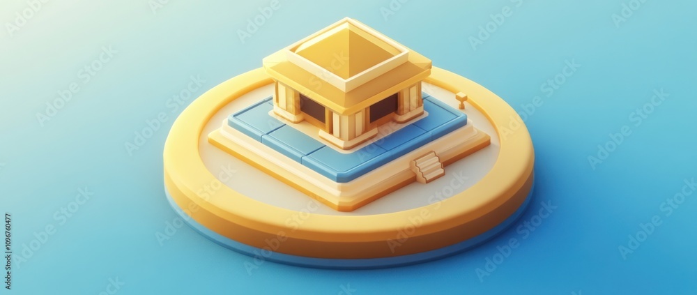 Poster a stylized temple structure on a circular base, showcasing architectural design.