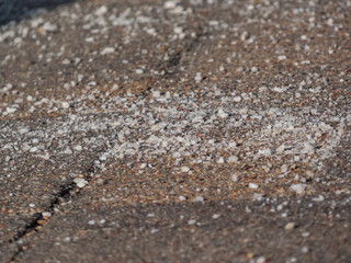 Salt grains on icy sidewalk surface in the winter. Applying salt to keep roads clear and people safe in winter weather from ice or snow