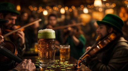 A pint of beer sits on a table in a dimly lit pub, where musicians play lively Irish folk music.