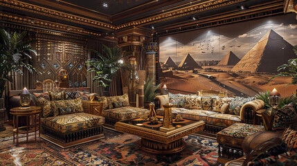 A lavish lounge area featuring a golden obelisk-shaped coffee table, plush couches with Egyptian-themed patterns, and a backdrop of a mural showcasing pyramids.