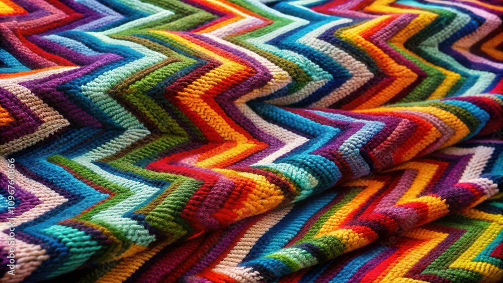 Poster A vibrant and colorful chevron pattern woven with intricate stitches and an array of hues creates a stunning visual texture.