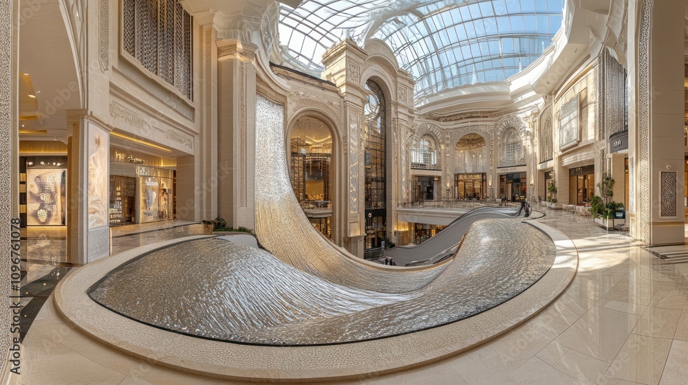 Poster a luxurious indoor space featuring a flowing water feature and elegant architecture.