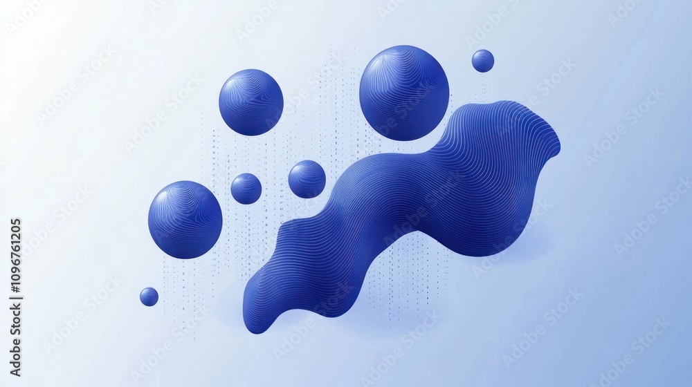 Poster abstract design featuring blue spheres and a wavy form on a light background.