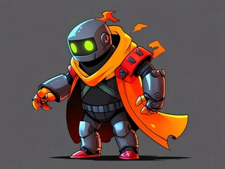 Fiery Robot Knight: Digital Illustration of a Stout Robotic Warrior