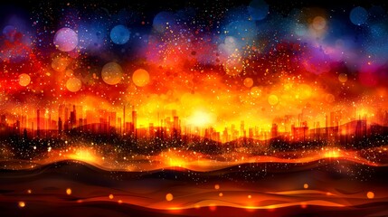 A colorful cityscape with a lot of lights on it