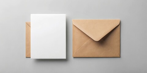 Blank white card and a brown envelope on a gray background, perfect for a greeting, invitation, or message