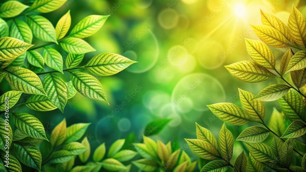 Poster sunlight filtering through vibrant green leaves, creating a natural and serene scene.