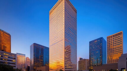 Naklejka premium A modern skyscraper reflecting sunset hues amidst city buildings.