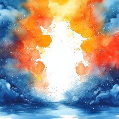 A painting of a blue and orange sky with a white background