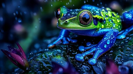 A green and blue frog sitting on top of a leaf