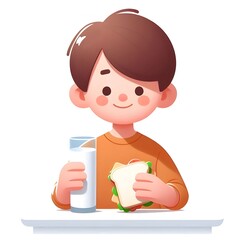 샌드위치,빵,우유,아이,꼬마,남자아이,식사,간식,breakfast,만화,그림,삽화,클립보드,학교