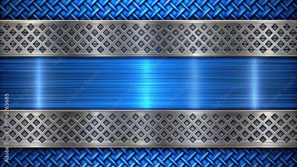 Poster abstract blue and silver metal texture with geometric patterns and shiny stripes