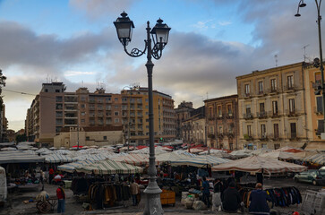 Street market in Catania in Piazza Carlo Alberto in front of the Basilica of Santuario Del Carmine
