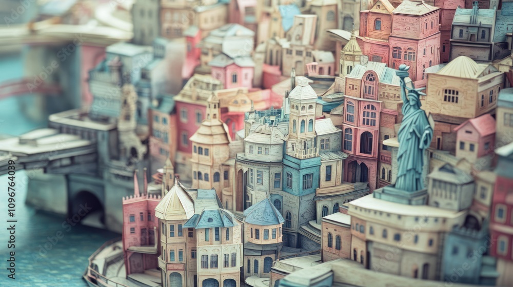 Poster a colorful paper model of a cityscape featuring intricate buildings and a statue.