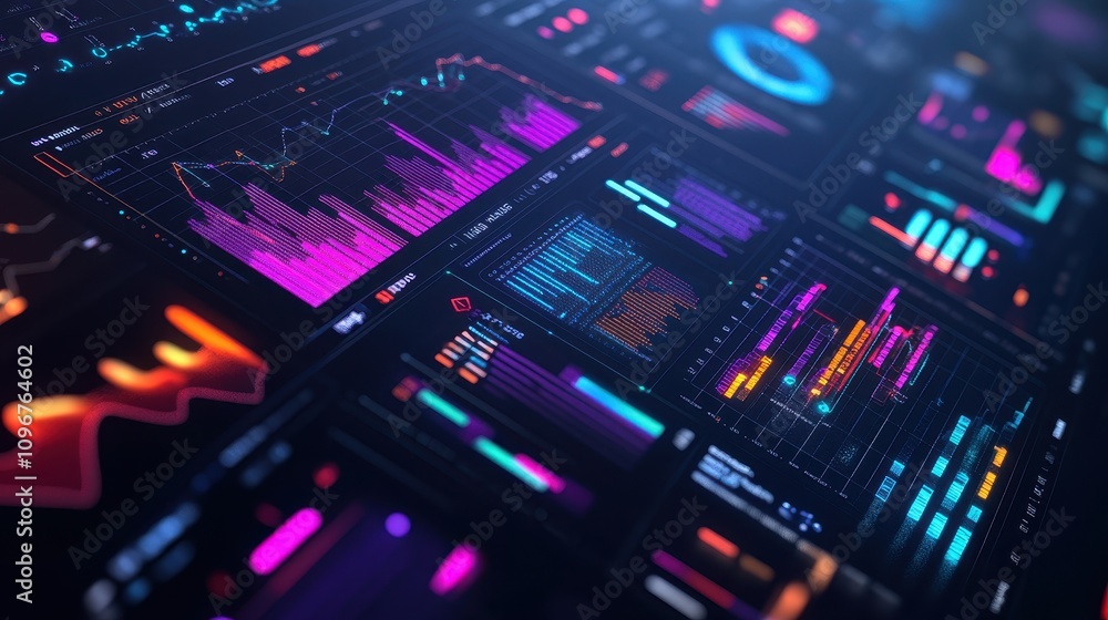 Poster a colorful display of graphs and numbers with a futuristic vibe