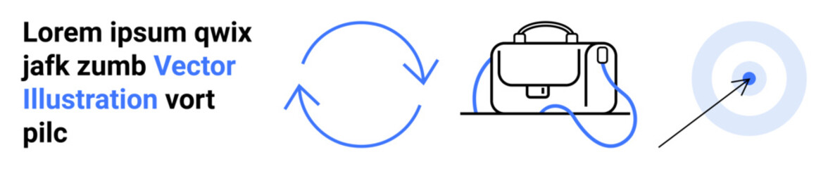 Text block with placeholder text, circular arrows signifying process flow, a backpack representing gear or resources, and a target with center hit symbolizing achievement. Ideal for corporate