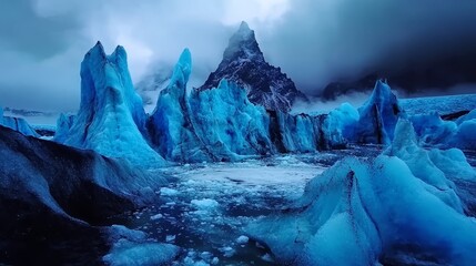 A group of ice formations in the middle of a body of water