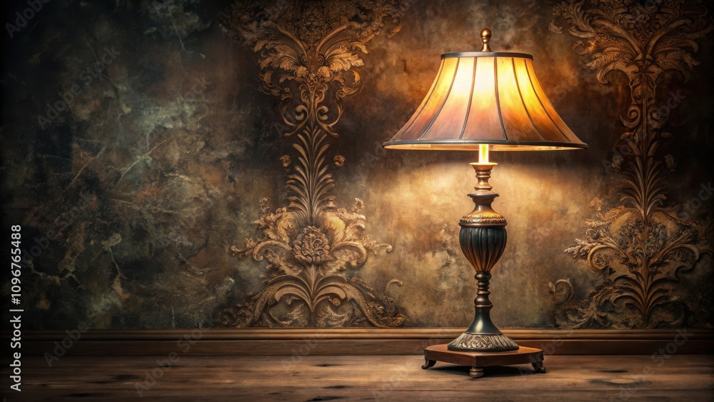 Poster a vintage table lamp casts a warm glow on a wall adorned with intricate floral patterns