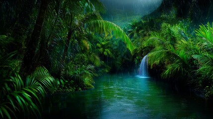 Fototapeta premium A small waterfall in the middle of a lush green forest