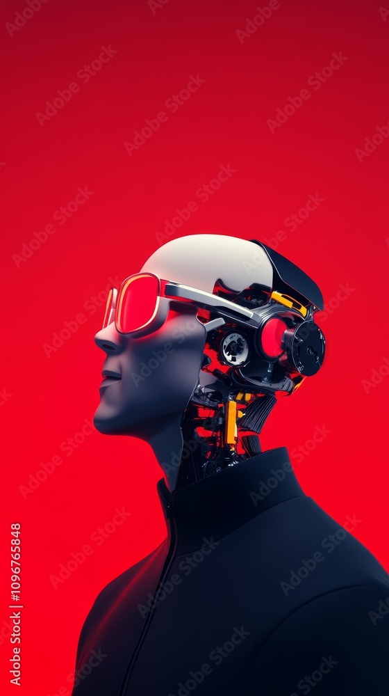 Poster futuristic robotic figure with sleek design and vibrant red background showcases advanced technology