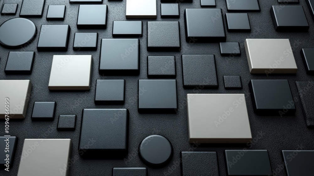Poster abstract 3d geometric shapes: dark grey and light grey squares and circles on a textured background