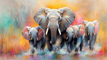 A painting of a herd of elephants walking through the water