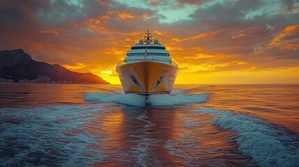 Fototapeta premium Cruise ship sailing during sunset with vibrant colors reflecting on calm waters