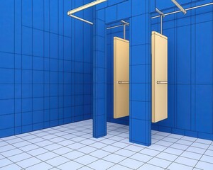 Restroom stall concept, sleek blueprint schematics, 3D illustration