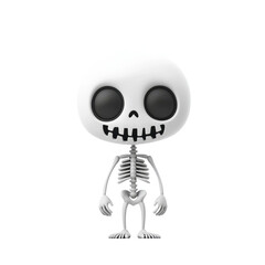 A cute, three dimensional cartoon rendering of a small skeleton with a large head and a simple design.