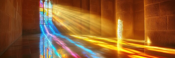 A serene interior showcasing colorful light rays through stained glass windows.