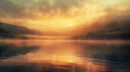 Obraz premium Serene sunrise reflection over calm lake mountain landscape nature photography tranquil environment wide angle view peaceful concept